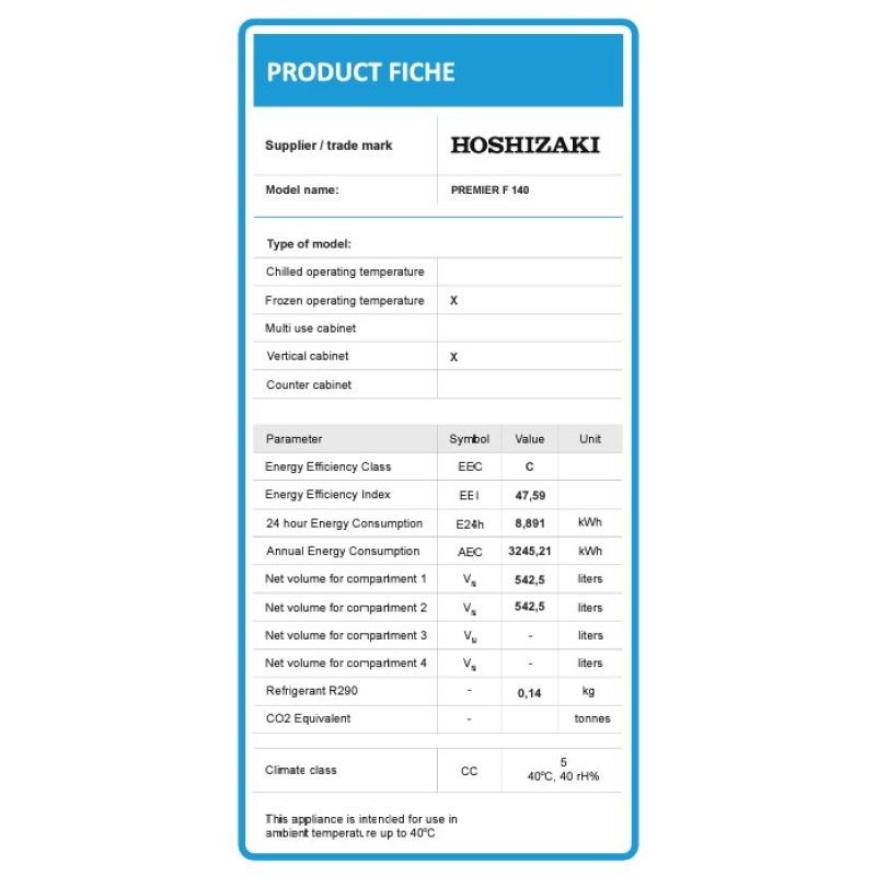 Hoshizaki Tiefühlschrank Premier F 140 L