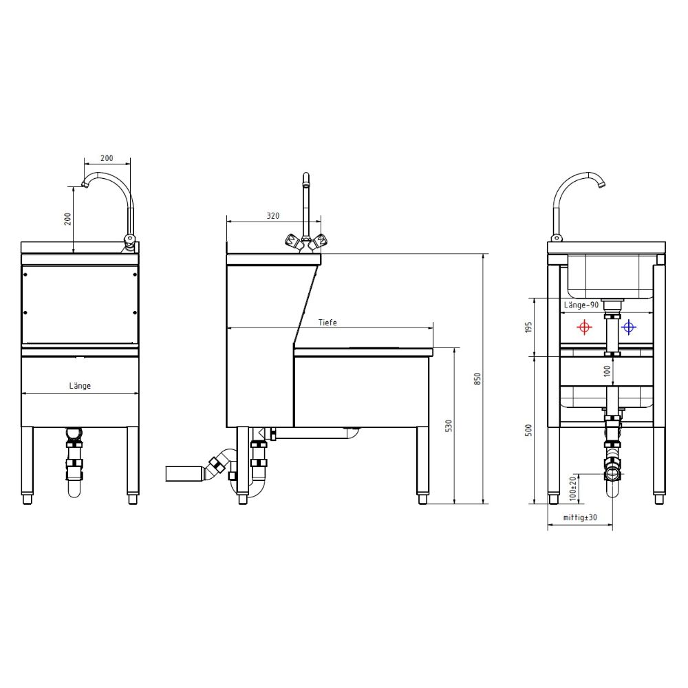 ChroNiMax Handwasch-Ausgußbecken-Kombination - B 500 x T 700 x H 850 mm