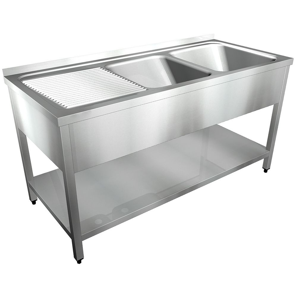 Edelstahl Spültisch STG - B 1500 x T 600 mm - 2 Becken rechts