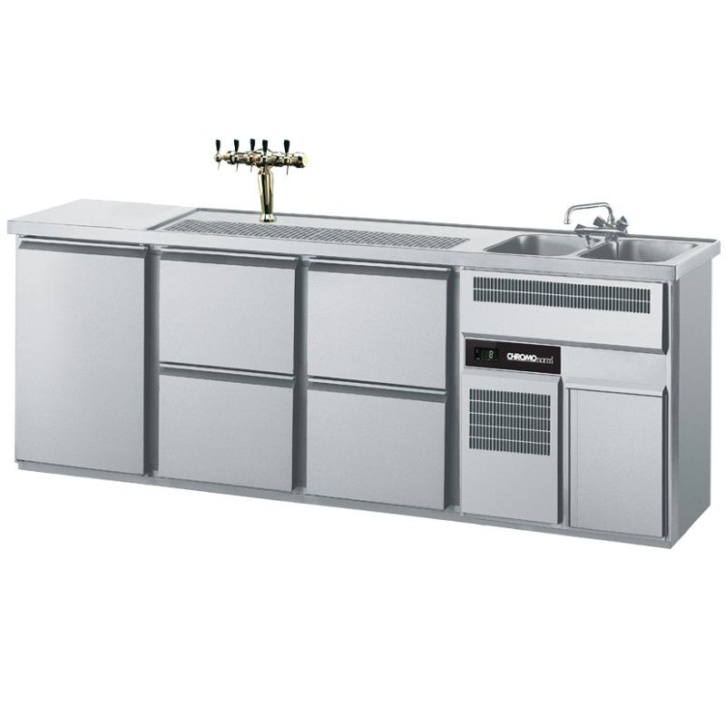 Chromonorm Biertheke [2 Becken rechts / 1 Tür / 4 Schubladen]